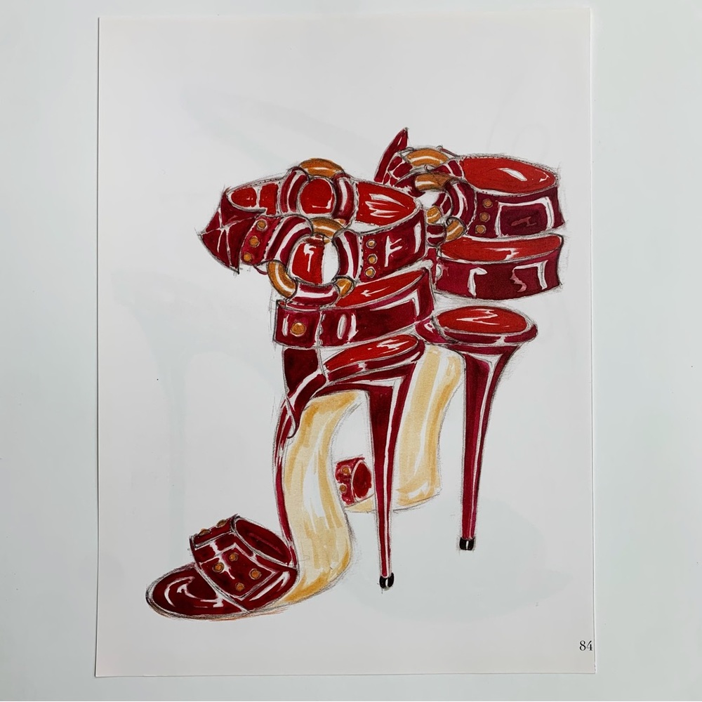 4/$20⭐️Red Strappy Studded Manolo Blahnik Shoe Illustration *PRINT*